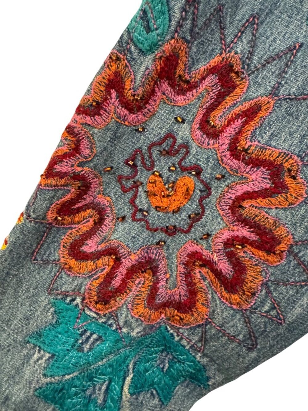 Vintage Chicos Design Womens Embroidered Denim Jacket Size 1 Floral Boho Style - Picture 6 of 7
